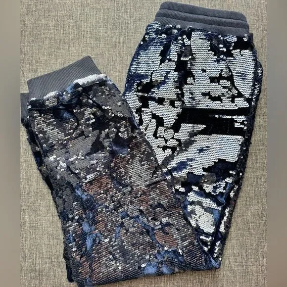 Anthropologie ett:twa Sequin Velvet Joggers Holiday Sparkle navy blue Medium M - Picture 16 of 16